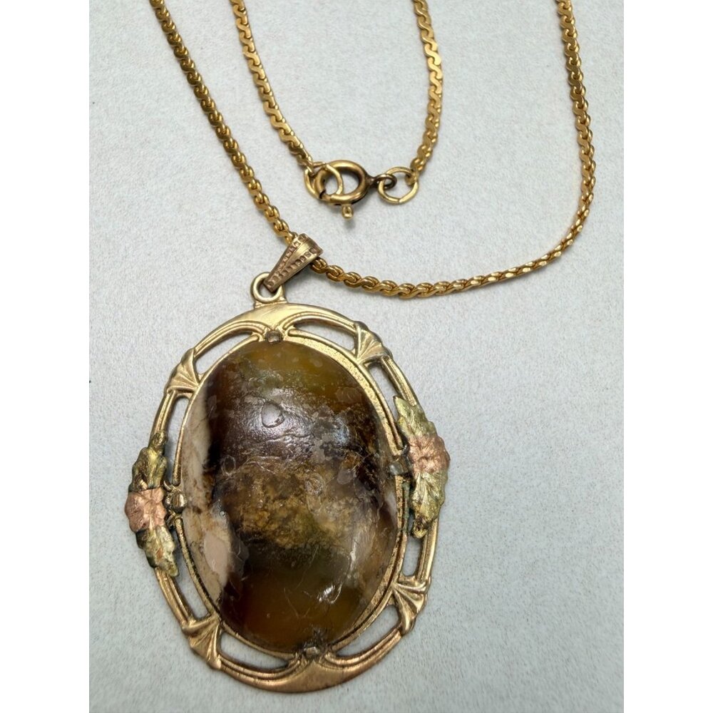 Vintage Gold Filled Large Brown Agate Pendant Art Nouveau Style Necklace - Picture 8 of 8